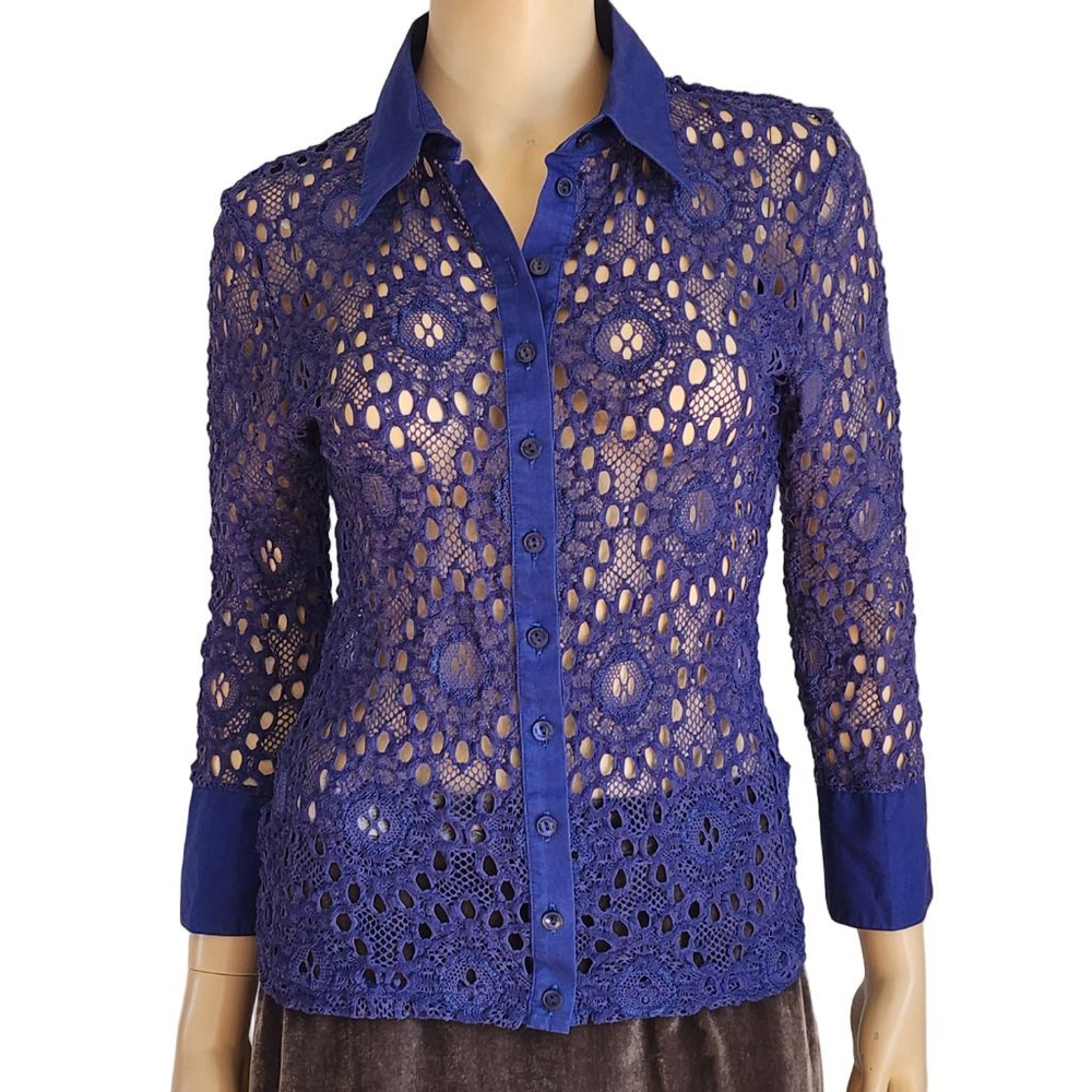 ANNE FONTAINE Secille Blue Lace Button Down Shirt Size 40 8 M